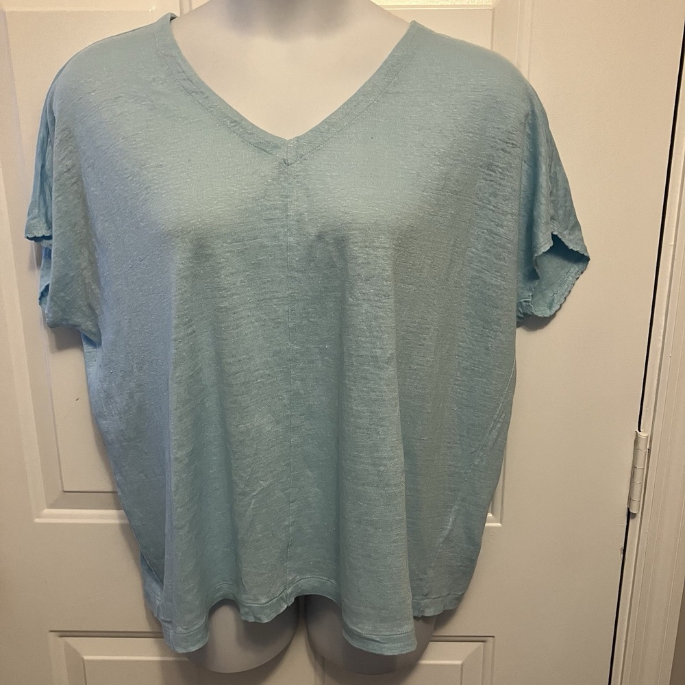 J Jill Size Large Love Linen Boxy Lightweight Shirt Top Tunic Aqua Blue Women's